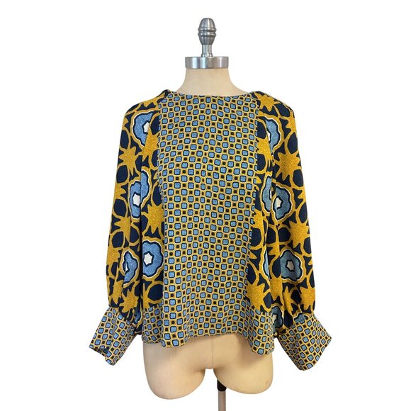 Chicos Gold Blue Geometric Print Pintuck Top 3.5 XL - Picture 4 of 8